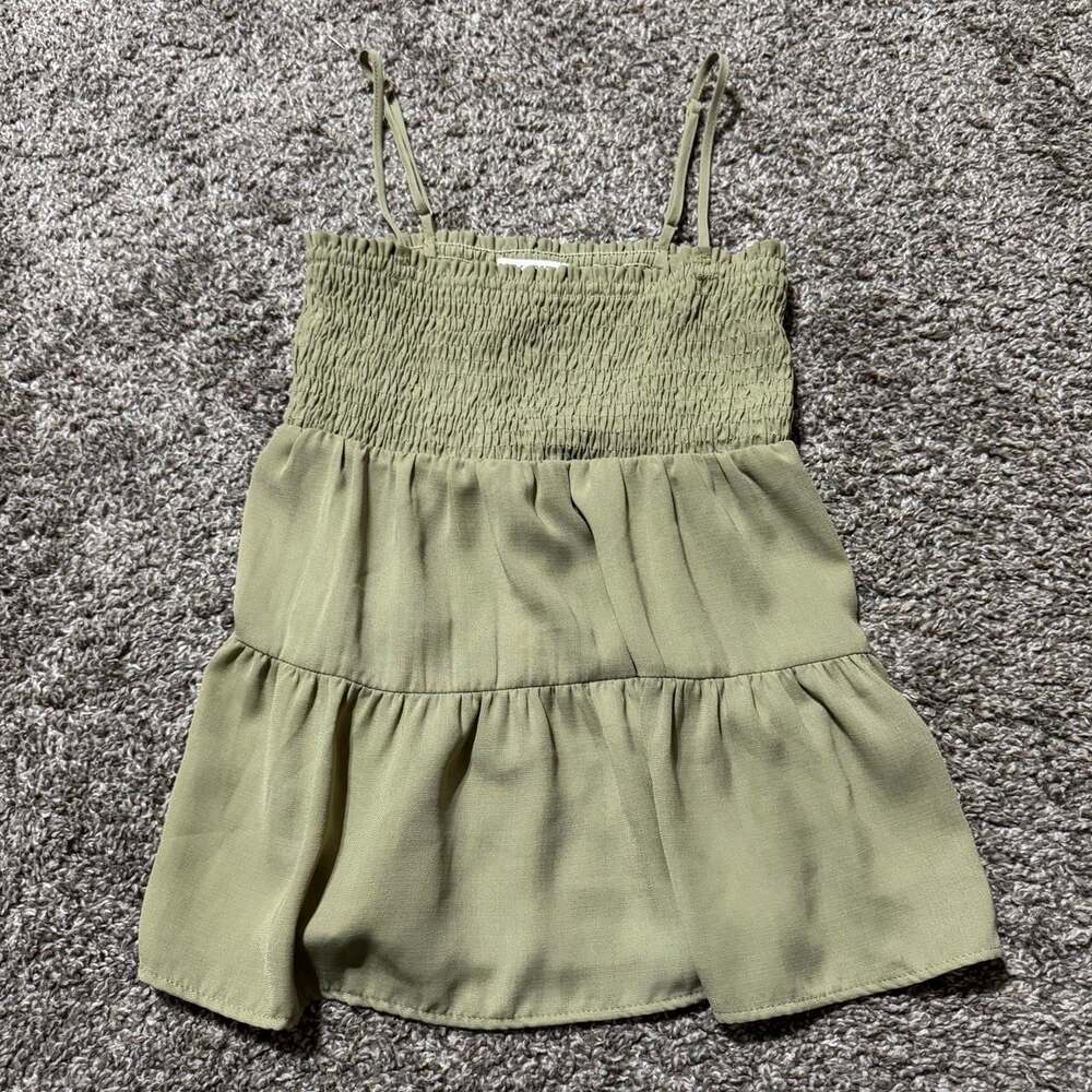 Papercrane Green Smocked Babydoll Tank Top, Tiered Boho Cami, Size XS